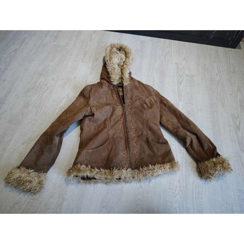 Vintage Y2K Mudd Suede Jacket Faux Fur Hood Cuffs Women's M Medium Brown